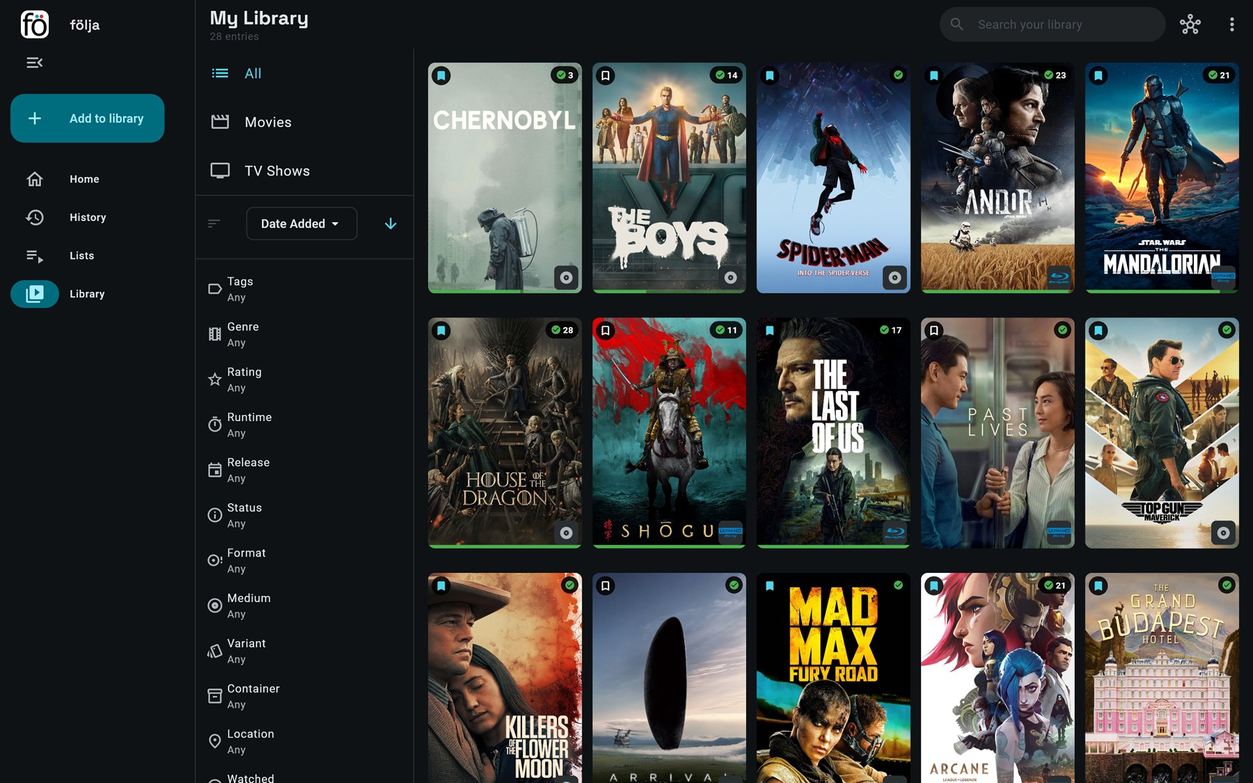 The same library in a desktop browser: filters down the left, a wide grid of poster artwork beside them.