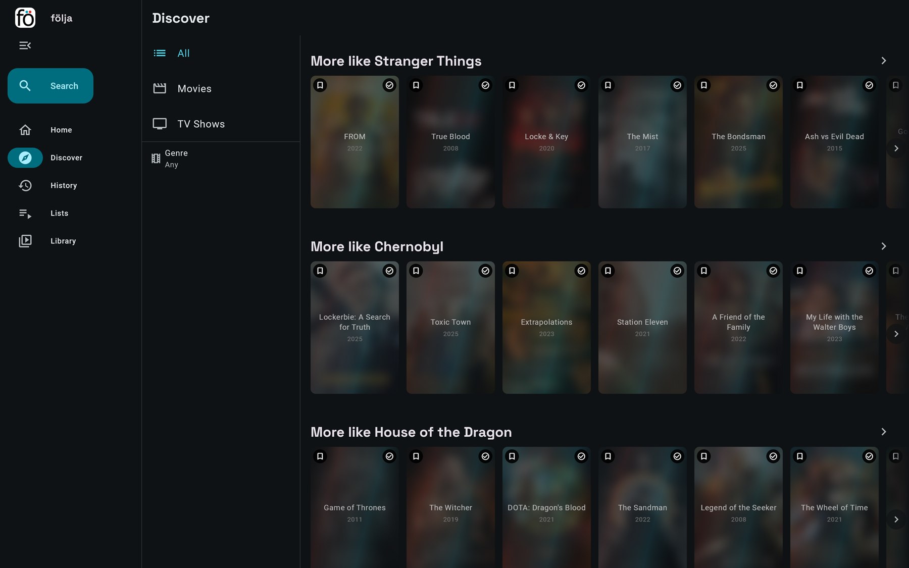 The Discover page: shelves of titles like Stranger Things, Chernobyl and House of the Dragon, shown as blurred posters with their names.