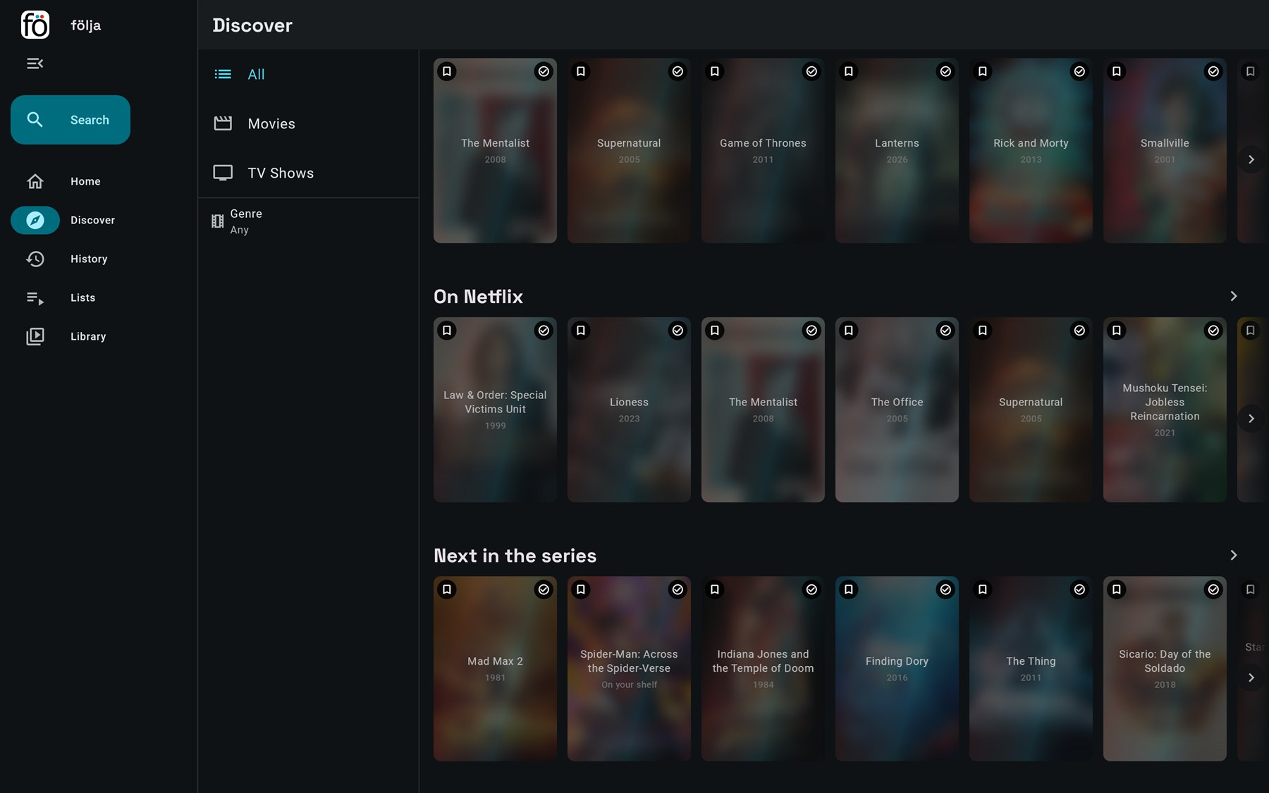Further down Discover: what is popular on Netflix, and the next film in each series already started.