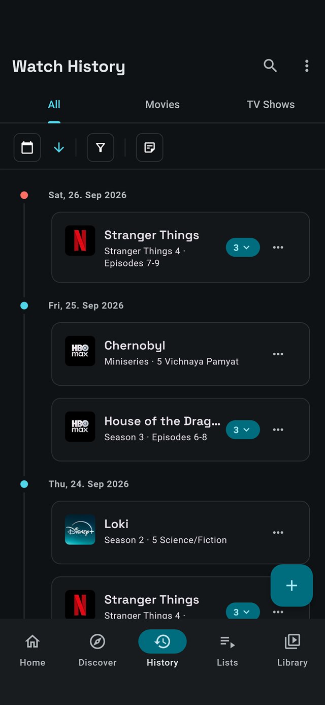The watch diary on a phone, grouped by day, each entry badged with the service it was watched on.