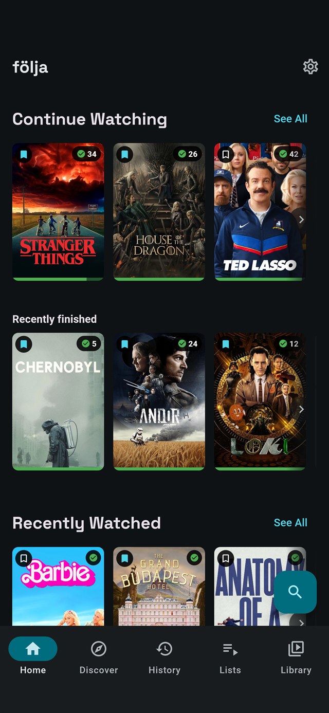 The följa home screen on a phone: shelves of posters for the shows in progress and the films watched lately.