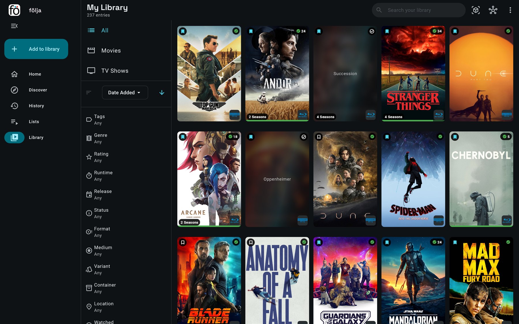 The library as a grid of posters, each badged with the format it is owned on, filters down the left.