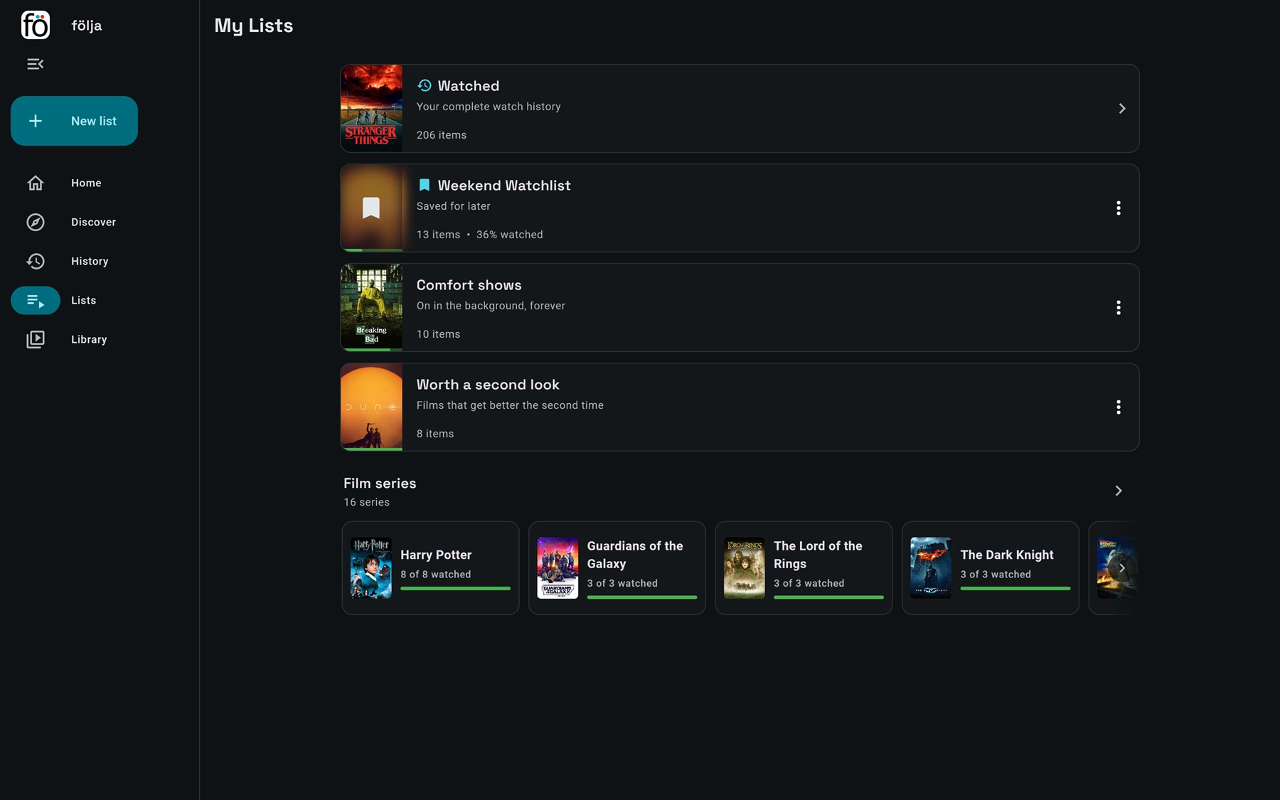 The lists screen on a desktop: each list with a poster, a count and a three-part progress bar.
