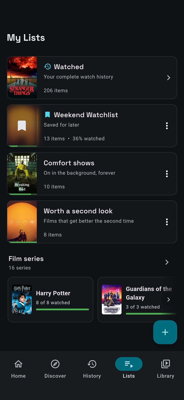The lists screen on a phone: each list with a poster, a count and a three-part progress bar.
