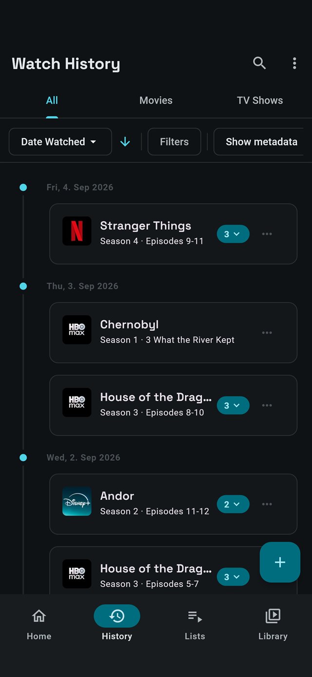 The watch diary on a phone, grouped by day, each entry badged with the streaming service it was watched on.