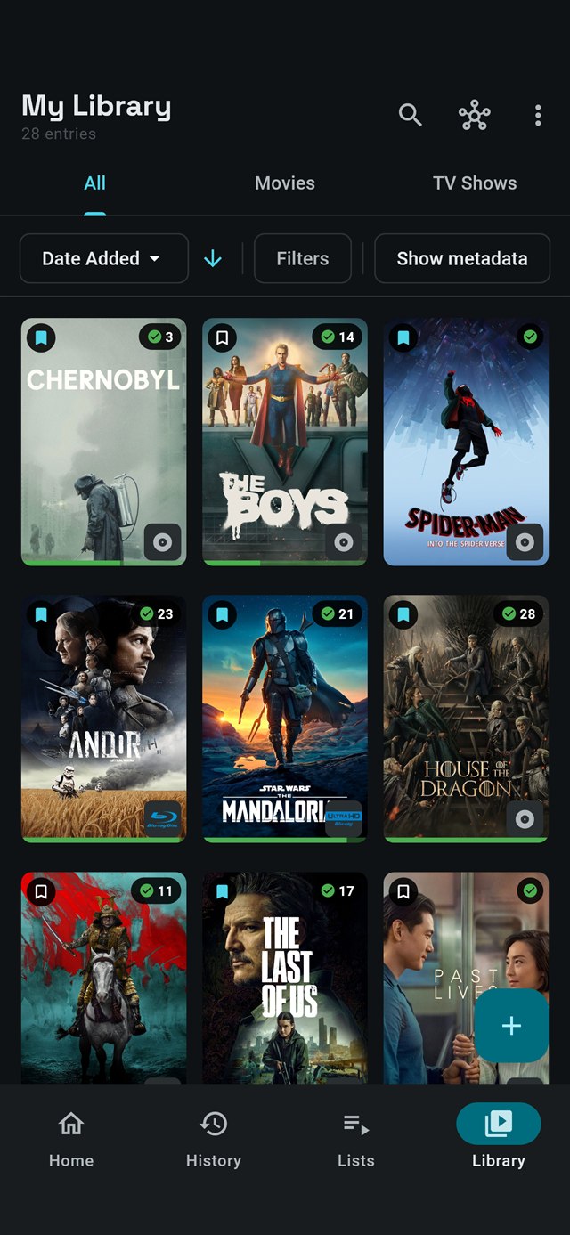The library on a phone: a grid of posters, each badged with the format it is owned on.