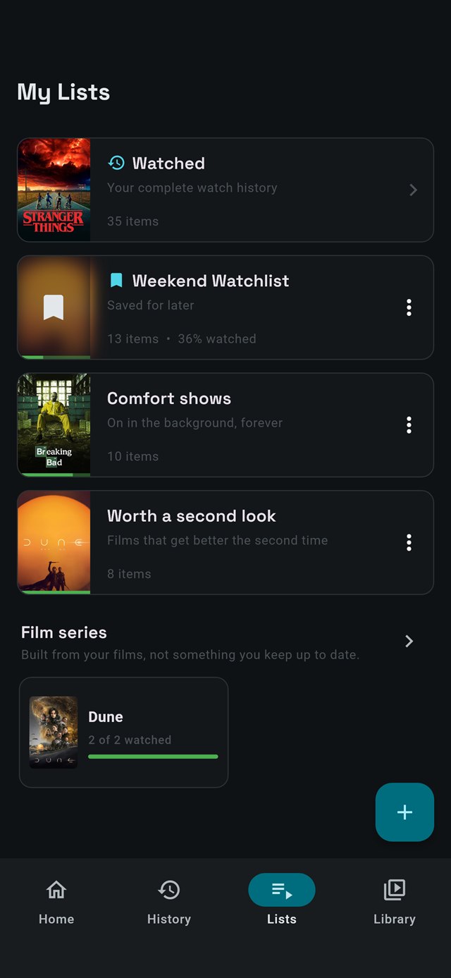 The lists screen on a phone: each list card showing a poster, a count and a three-part progress bar.