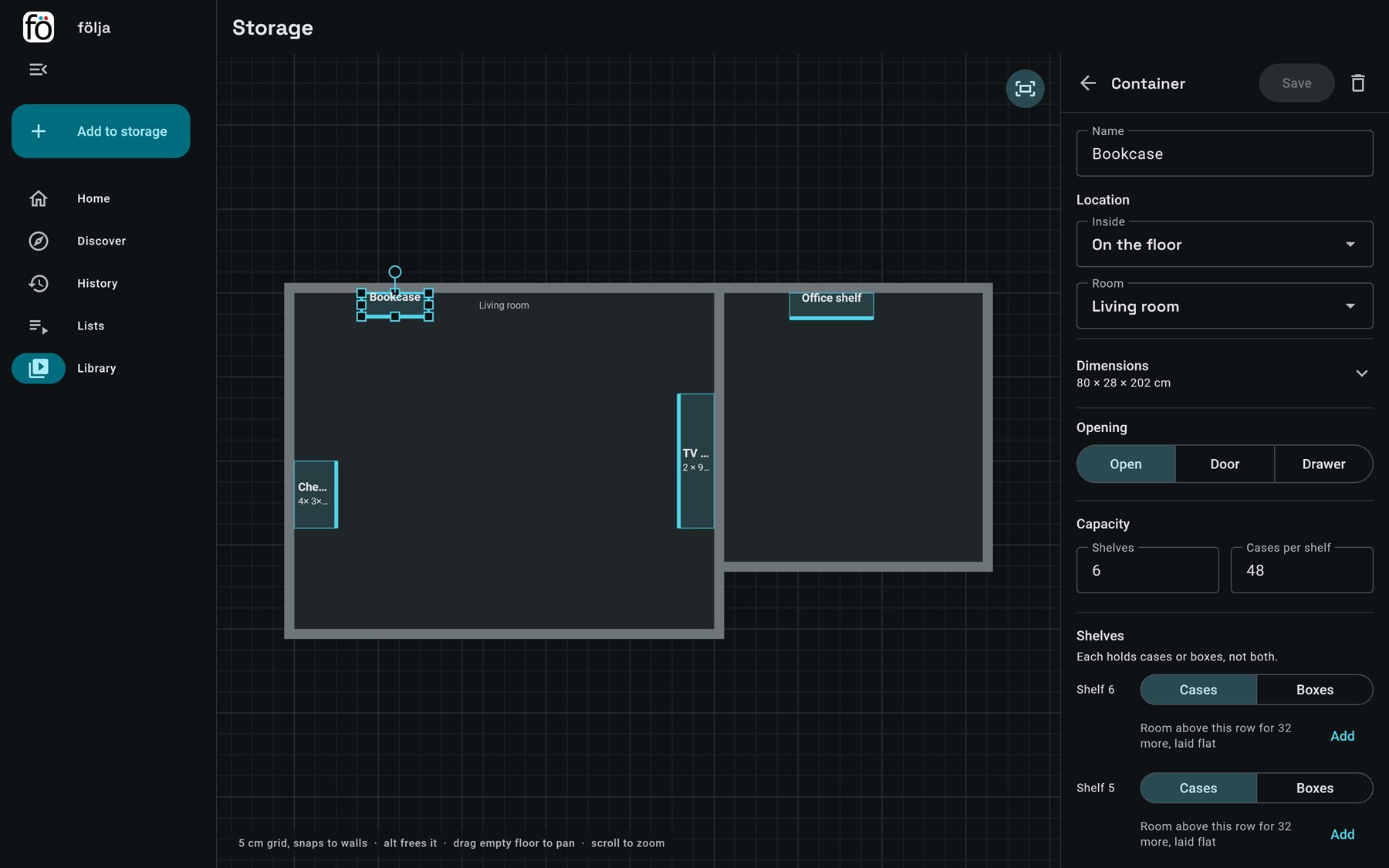 The floor plan: two rooms with a bookcase, a chest of drawers and a sideboard drawn to scale, the bookcase selected and its settings beside the plan.