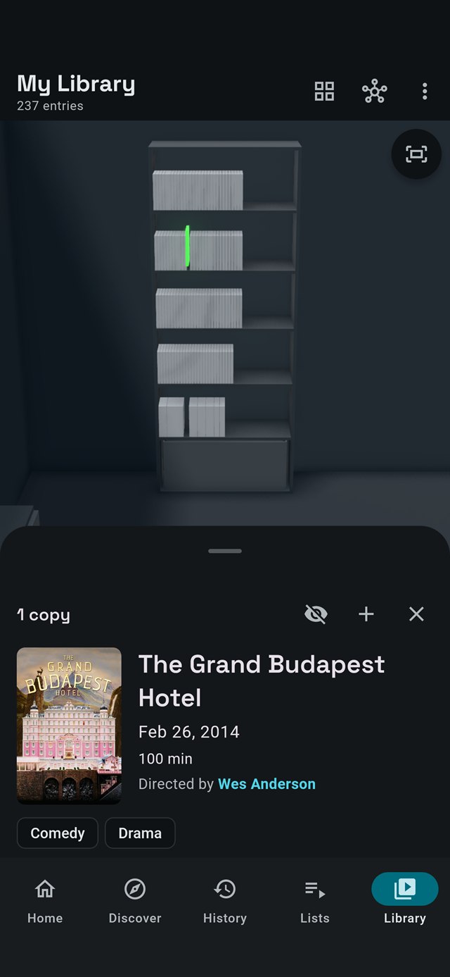 The same bookcase on a phone, with the shelf's map in a sheet below it.