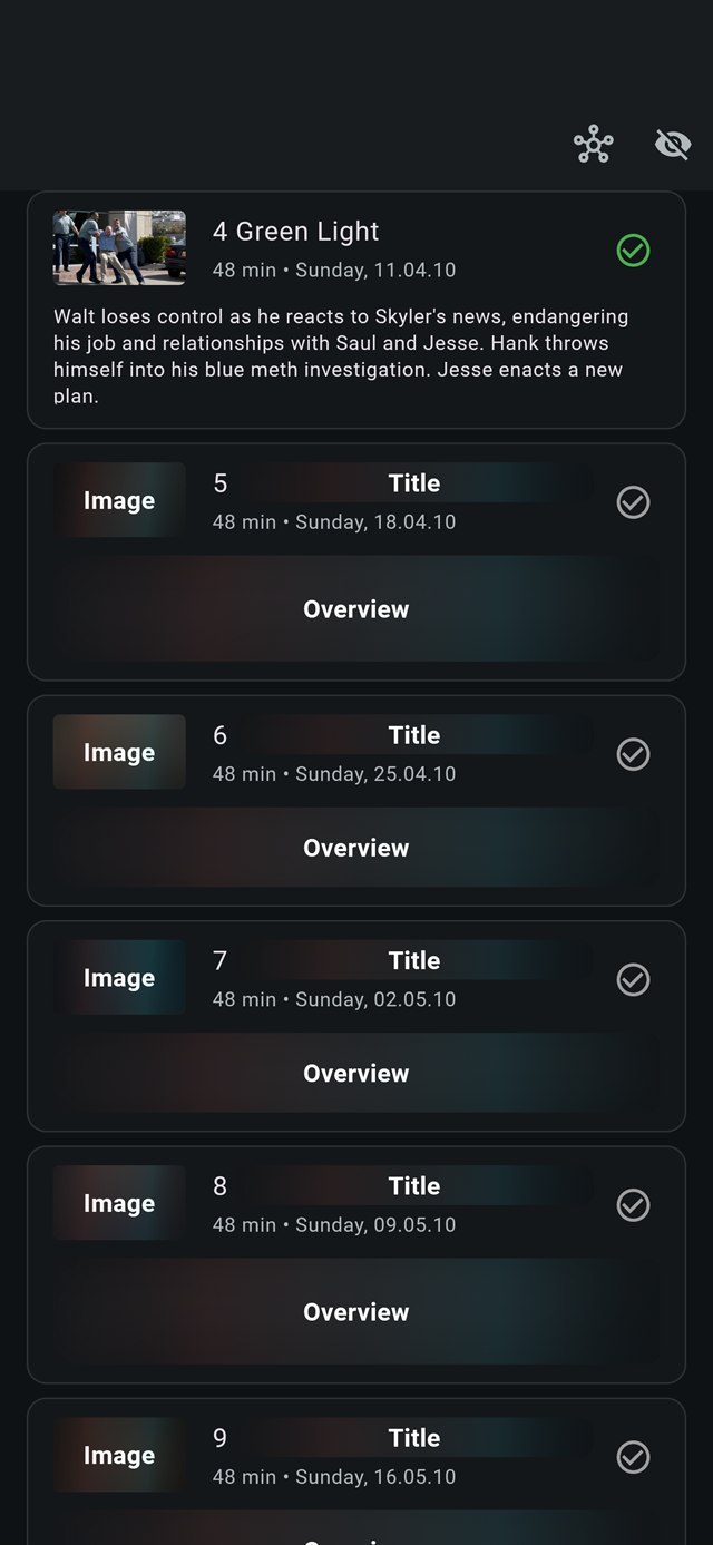 The same show on a phone: the watched episodes in full, the next ones covered.