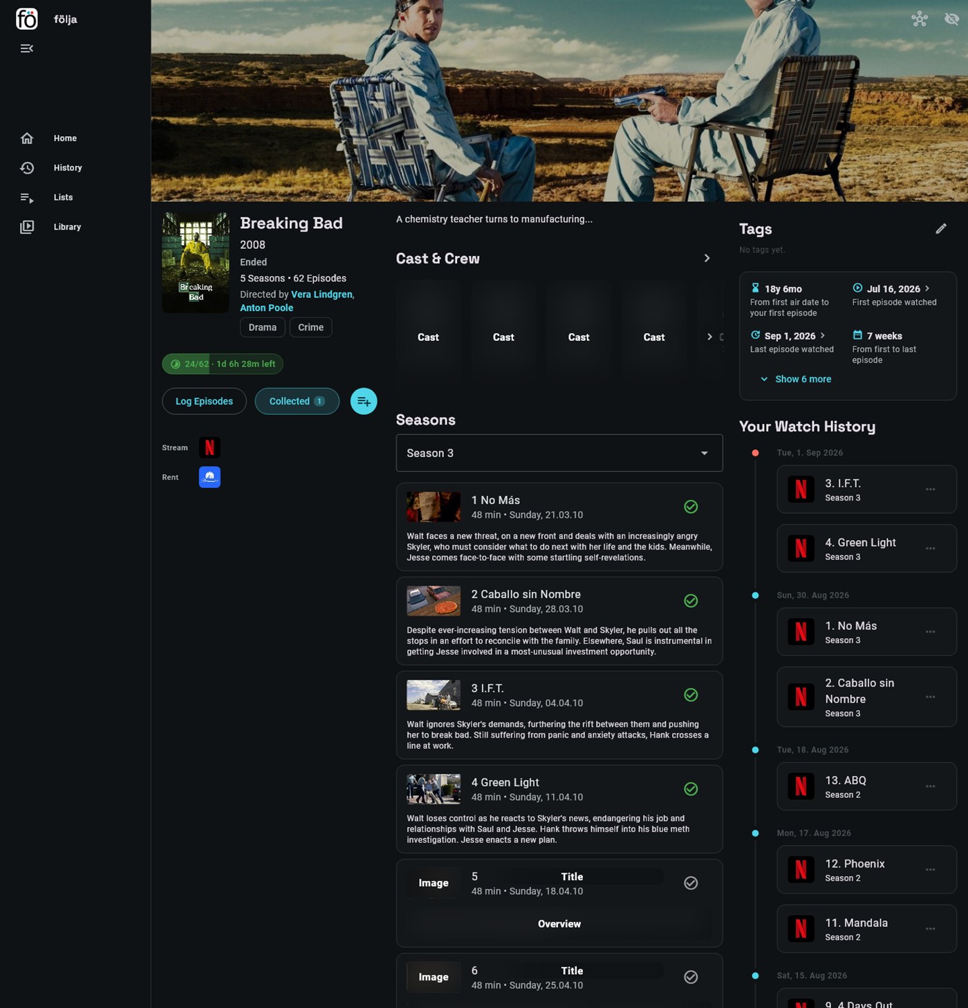 A show page part-way through its third season: the four watched episodes listed with their titles and descriptions, the ones after them covered over, and the cast of the season covered with them.