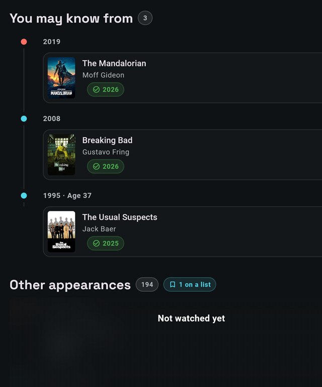 Giancarlo Esposito's page: the three roles the viewer has seen listed, and his other 194 credits counted behind a cover.