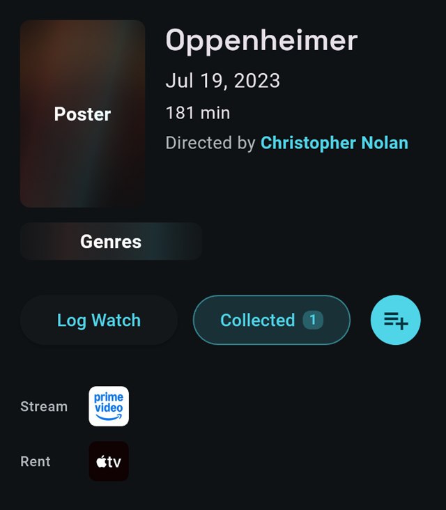Oppenheimer, not yet watched: its release date, 181-minute runtime, director and streaming services in view, its poster and genres covered.